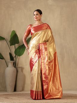 MEENA BAZAAR - Woven Art Silk Beige Saree without Blouse