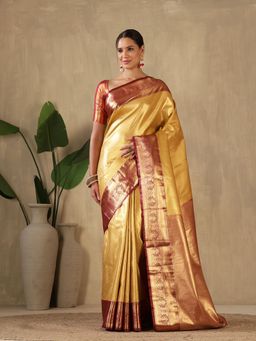 MEENA BAZAAR - Woven Art Silk Mustard Saree without Blouse