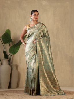 MEENA BAZAAR - Paisley Woven Design Art Silk Green Saree without Blouse