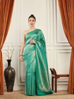 MEENA BAZAAR - Woven Art Silk Green Saree without Blouse