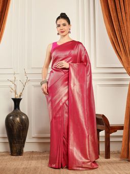 MEENA BAZAAR - Woven Art Silk Red Saree without Blouse