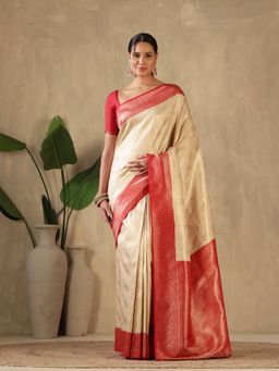 MEENA BAZAAR - Woven Art Silk Beige Saree without Blouse