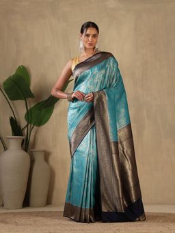 MEENA BAZAAR - Paisley Woven Design Art Silk Blue Saree without Blouse
