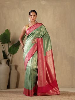 MEENA BAZAAR - Woven Art Silk Green Saree without Blouse