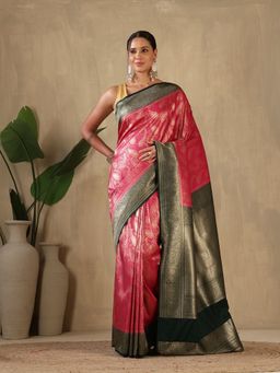 MEENA BAZAAR - Paisley Woven Design Art Silk Pink Saree without Blouse