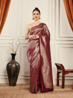 MEENA BAZAAR - Woven Art Silk Wine Saree without Blouse