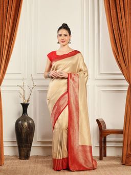 MEENA BAZAAR - Woven Art Silk Beige Saree without Blouse