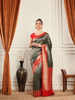 MEENA BAZAAR - Woven Art Silk Green Saree without Blouse
