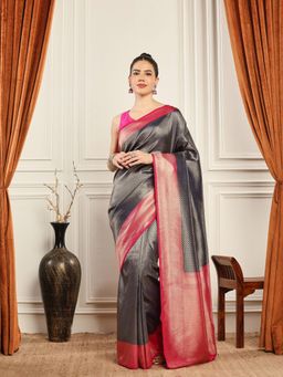 MEENA BAZAAR - Woven Art Silk Navy Blue Saree without Blouse
