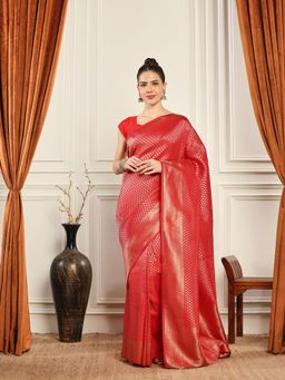 MEENA BAZAAR - Woven Art Silk Red Saree without Blouse