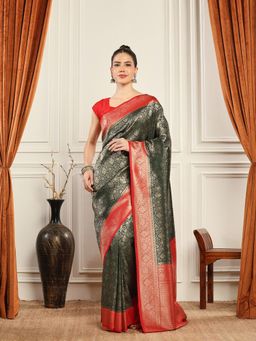 MEENA BAZAAR - Woven Art Silk Green Saree without Blouse