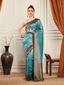 MEENA BAZAAR - Woven Art Silk Blue Saree without Blouse