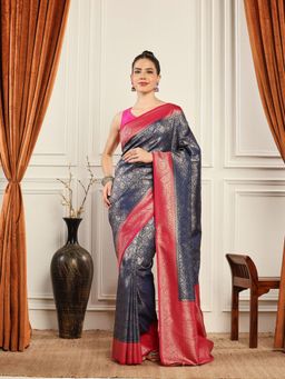MEENA BAZAAR - Woven Art Silk Navy Blue Saree without Blouse