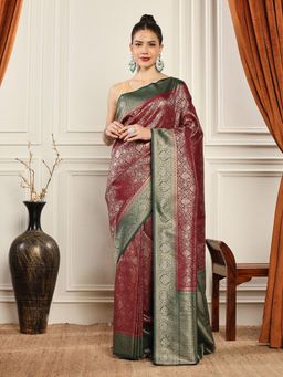 MEENA BAZAAR - Woven Art Silk Maroon Saree without Blouse
