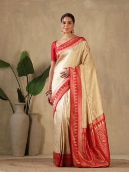 MEENA BAZAAR - Woven Art Silk Beige Saree without Blouse