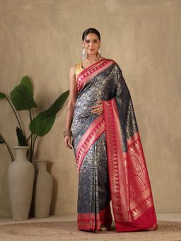 MEENA BAZAAR - Floral Woven Design Art Silk Navy Blue Saree without Blouse