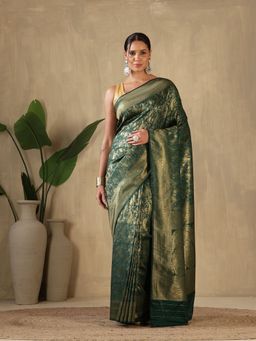 MEENA BAZAAR - Paisley Woven Design Art Silk Green Saree without Blouse