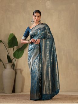 MEENA BAZAAR - Woven Art Silk Blue Saree without Blouse