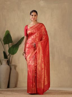 MEENA BAZAAR - Woven Art Silk Red Saree without Blouse