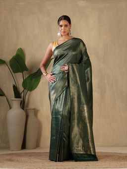 MEENA BAZAAR - Woven Art Silk Green Saree without Blouse