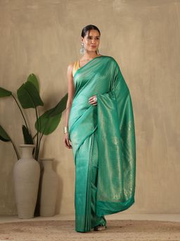 MEENA BAZAAR - Woven Art Silk Green Saree without Blouse