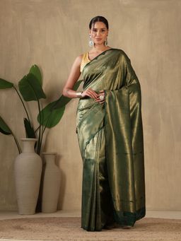MEENA BAZAAR - Woven Art Silk Green Saree without Blouse
