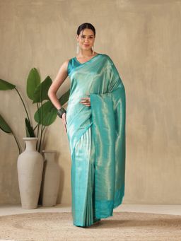 MEENA BAZAAR - Woven Art Silk Turquoise Saree without Blouse
