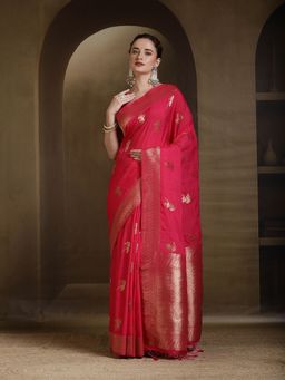 MEENA BAZAAR - Woven Art Silk Pink Saree without Blouse