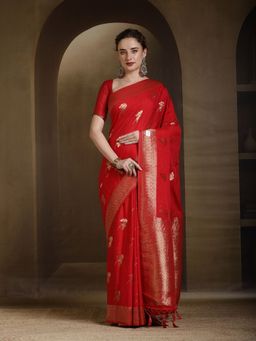 MEENA BAZAAR - Woven Art Silk Red Saree without Blouse