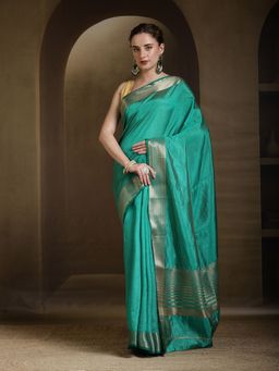 MEENA BAZAAR - Solid Woven Design Art Silk Green Saree without Blouse