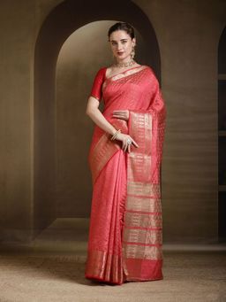 MEENA BAZAAR - Woven Art Silk Pink Saree without Blouse