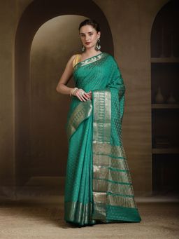 MEENA BAZAAR - Woven Art Silk Green Saree without Blouse
