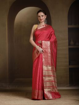 MEENA BAZAAR - Woven Art Silk Red Saree without Blouse