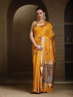 MEENA BAZAAR - Woven Art Silk Mustard Saree without Blouse