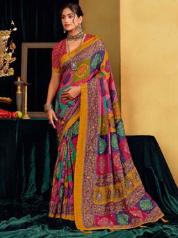 MEENA BAZAAR - Printed Art Silk Mustard Saree without Blouse