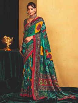 MEENA BAZAAR - Printed Art Silk Green Saree without Blouse