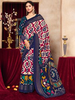 MEENA BAZAAR - Printed Art Silk Navy Blue Saree without Blouse