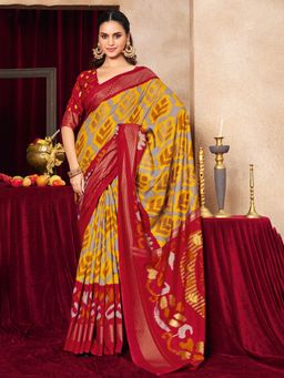 MEENA BAZAAR - Printed Art Silk Red Saree without Blouse