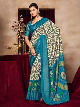 MEENA BAZAAR - Printed Art Silk Blue Saree without Blouse