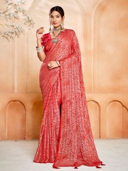 MEENA BAZAAR - Bandhani Printed Chinon Red Saree without Blouse