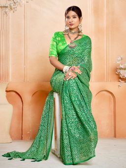 MEENA BAZAAR - Bandhani Printed Chinon Green Saree without Blouse