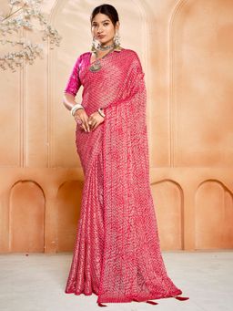 MEENA BAZAAR - Bandhani Printed Chinon Pink Saree without Blouse
