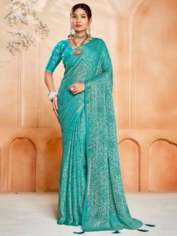 MEENA BAZAAR - Bandhani Printed Chinon Blue Saree without Blouse