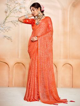MEENA BAZAAR - Bandhani Printed Chinon Orange Saree without Blouse