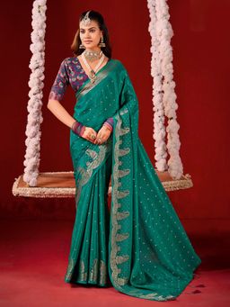 MEENA BAZAAR - Woven Crepe Green Saree without Blouse