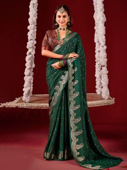 MEENA BAZAAR - Woven Crepe Dark Green Saree without Blouse