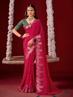 MEENA BAZAAR - Woven Crepe Pink Saree without Blouse