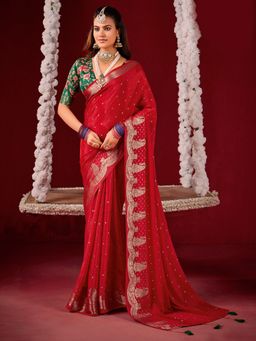 MEENA BAZAAR - Woven Crepe Red Saree without Blouse