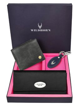 WILDHORN - Premium Leather Ladies Wallet, Mens Wallet and Keychain Gift -1K_BK_2052BKM_K (Set of 3)