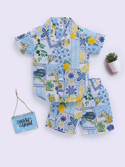 Clt.s - Blue Cotton Tropical Half Sleeve Shirt And Shorts